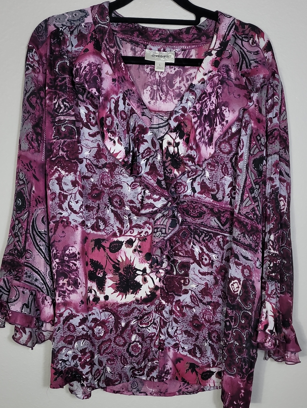 Vintage Dressbarn Sheer Floral Ruffle Blouse Size Large Purple Y2K 90s